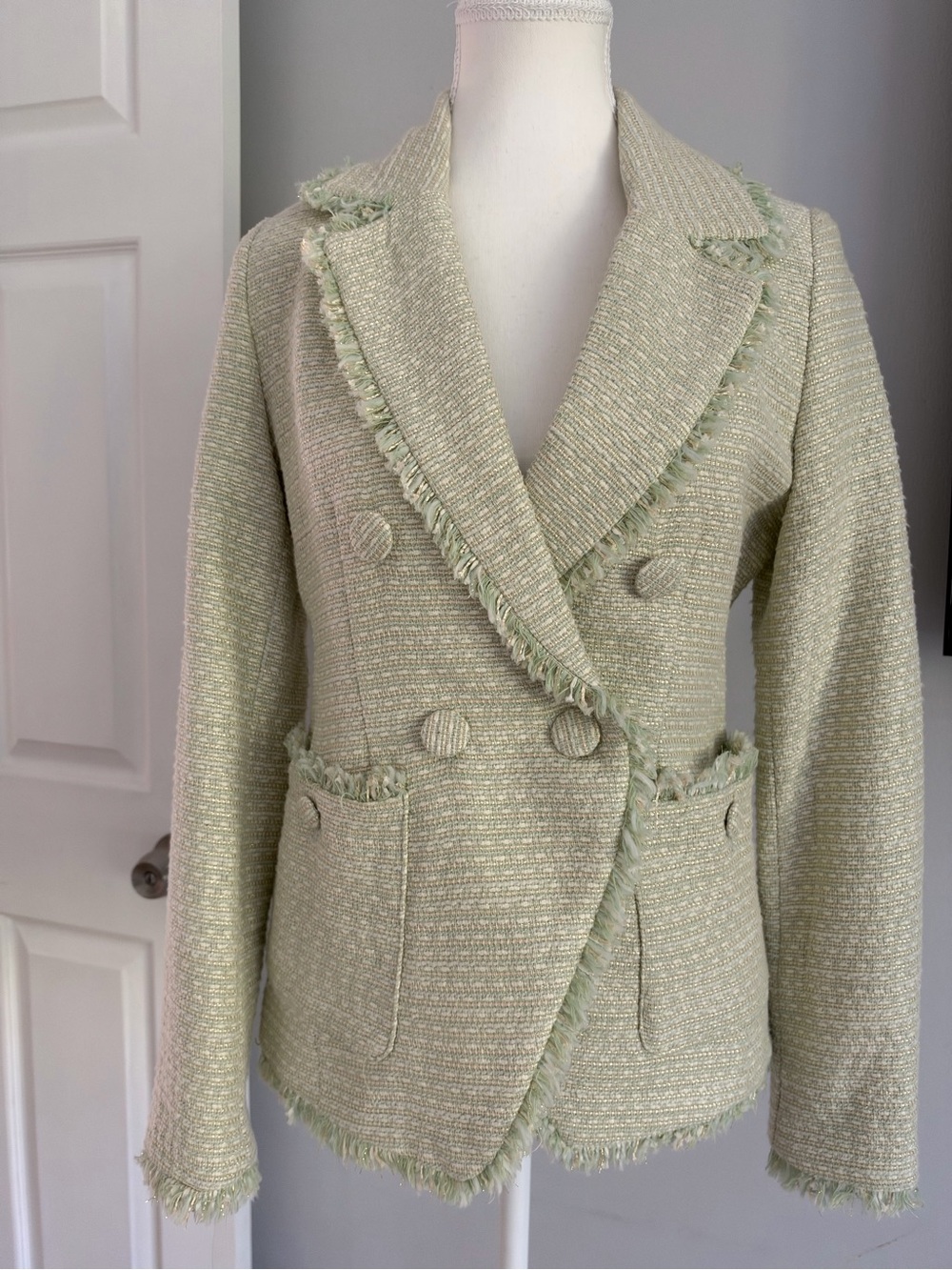 House of Harlow Light Green Tweed Double-Breasted Fringe Jacket brand new. S/P